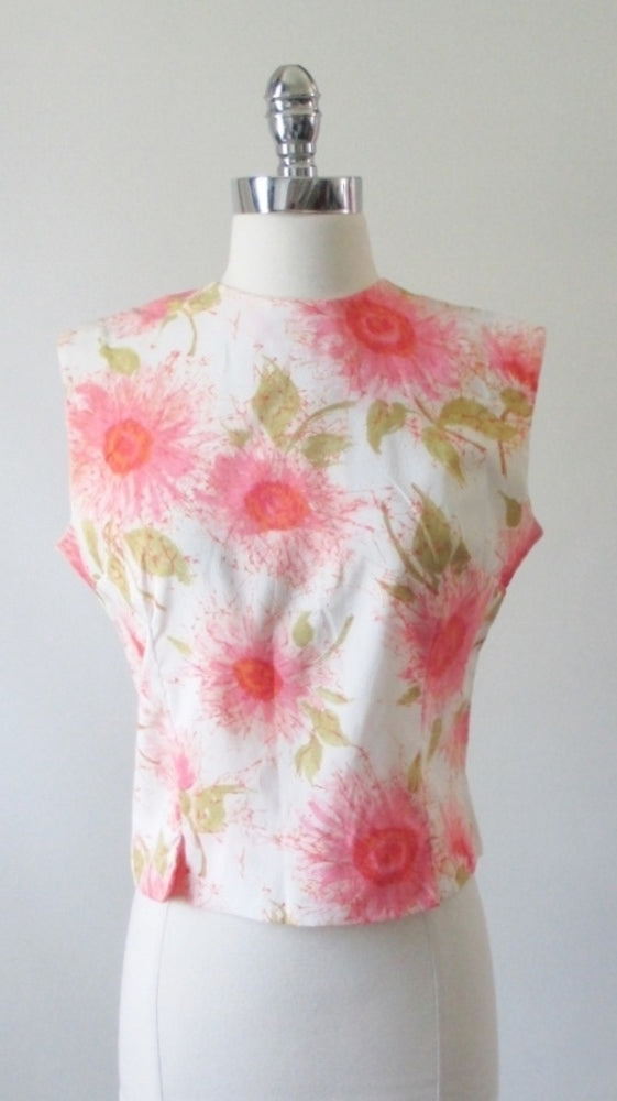 Vintage 60's 50's Sleeveless Pink Flower Button Back Shell Top - Bombshell Bettys Vintage