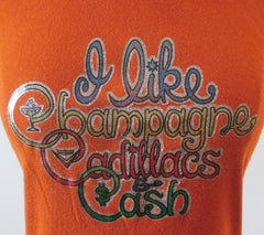 Vintage 70's Glitter T Shirt Champagne Cadillacs & Cash L - Bombshell Bettys Vintage