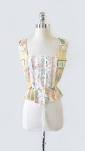 Vintage 70s Novelty Print Ruffled Lace Corset Top M