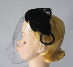 Vintage 50's Black Velvet Crown Cap Netted Veil Hat - Bombshell Bettys Vintage