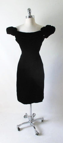 Vintage 50's 60's Cold Shoulder Lilli Diamond Black Velvet Cocktail Dress