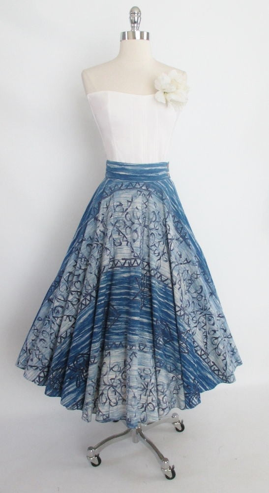 • Vintage Early 50's Rare Kamehameha Blue Hawaii Hand Painted Style Full Circle Skirt S - Bombshell Bettys Vintage
