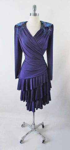 Vintage 70's Purple Jersey Layered Sequins Party Dress L