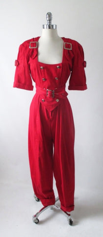 • Vintage 80's Karen Alexander Red Buckles & Buttons Jumpsuit M