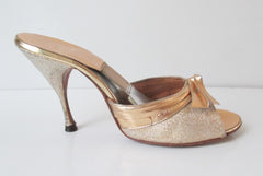 Vintage Gold Lame Chromespun 50's 60's Springolator Heels Shoes 8 - Bombshell Bettys Vintage