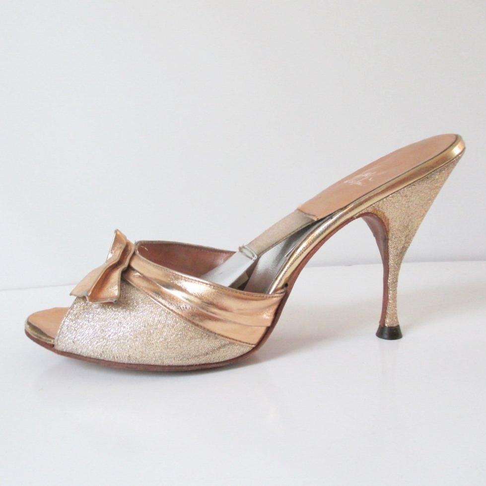 Springolator Mules Vintage Gold Lame Chromespun 60's Springolator Heels Shoes 8 ...