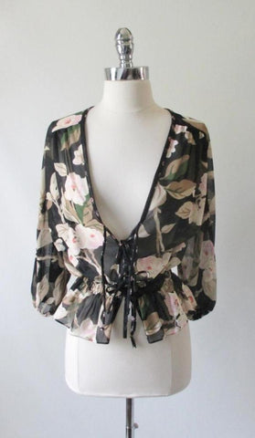 • Vintage 70's Romantic Black Sheer Tie Front Floral Top Blouse L / M