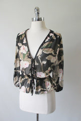 Vintage 70's Romantic Black Sheer Tie Front Floral Top Blouse L / M - Bombshell Bettys Vintage