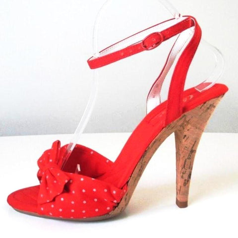 Vintage 70's Polka Dot Bow High Cork Heel Disco Shoes 8 M