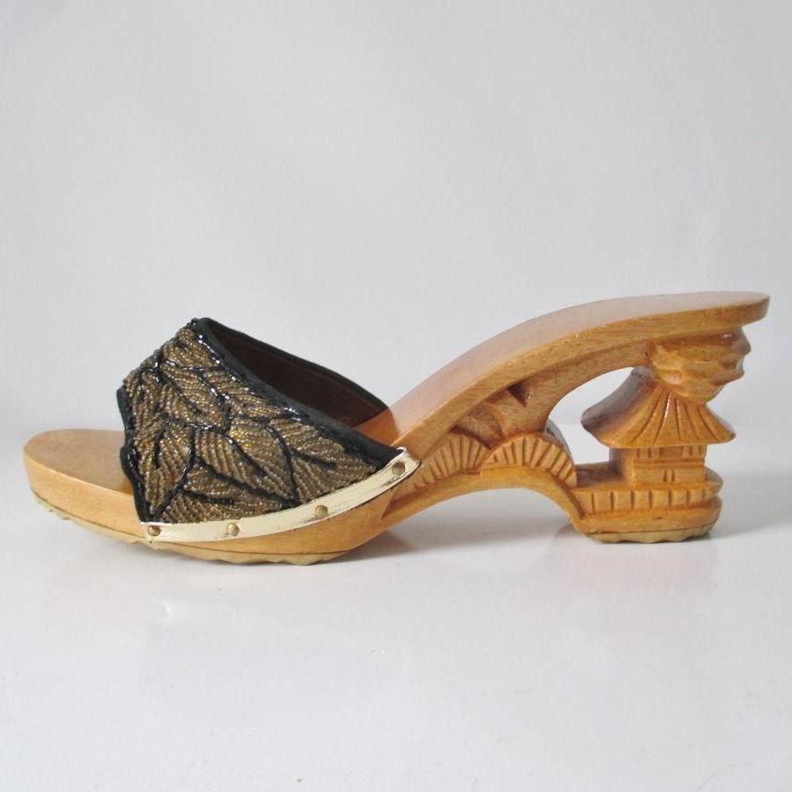 Vintage 40's Style Gold Beaded Souvenir Carved Wood Heels