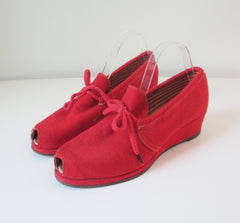 Vintage 40's Red Canvas Peep Toe Wedge Heels Casual Shoes 8 - Bombshell Bettys Vintage