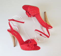 Vintage 70's Polka Dot Bow High Cork Heel Disco Shoes 8 M - Bombshell Bettys Vintage