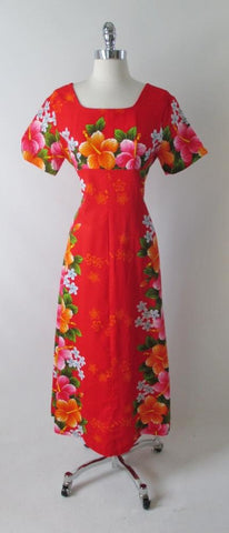 • Vintage 60's Red Hawaiian Pink Orange Flower Barkcloth Maxi Dress M