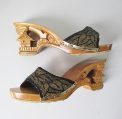 Vintage 40's Style Gold Beaded Souvenir Carved Wood Heels Shoes 9 - Bombshell Bettys Vintage
