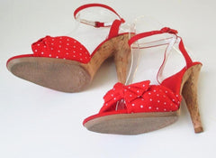 Vintage 70's Polka Dot Bow High Cork Heel Disco Shoes 8 M - Bombshell Bettys Vintage