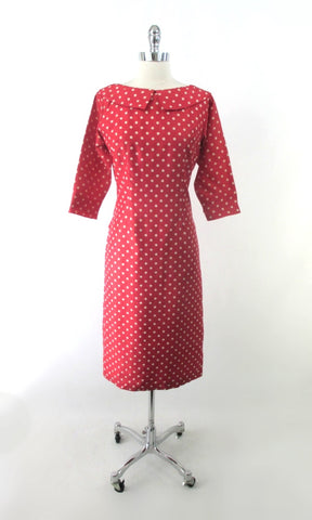 Vintage 50s Red Polka Dot Blouson Back Sheath Dress M