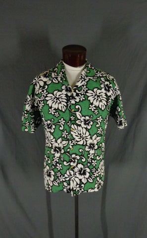 Vintage 80s Green RJC  Barkcloth Hibiscus Print Hawaiian Shirt  XL