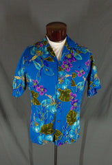 Vintage 60s Ahi Nani Blue Floral Print Hawaiian Aloha Shirt 48 - Bombshell Bettys Vintage
