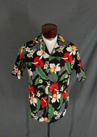 Vintage Aloha Republic Black Tropical Floral Print Hawaiian Shirt - Large