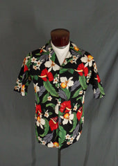 Vintage Aloha Republic Black Tropical Floral Print Hawaiian Shirt - Large - Bombshell Bettys Vintage