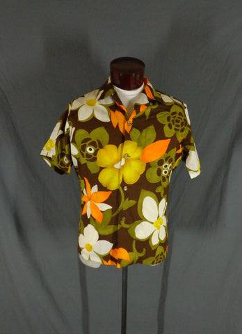 Vintage 60s Kay O Kauai Bold Floral Print Hawaiian Shirt 42