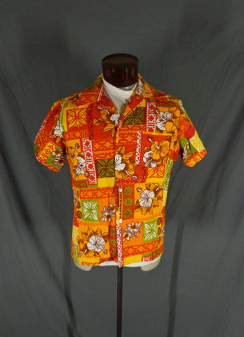 Vintage Red Orange & White Barkcloth Colorblock Hawaiian Shirt 44