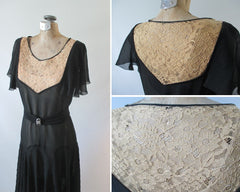 Vintage 20's  Black Chiffon and Natural / Ecru Lace Flapper Dress - Bombshell Bettys Vintage
