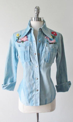 • Vintage 70's Tie Dye Western Cut Sequins & Beaded Bird Shirt / Jean Jacket