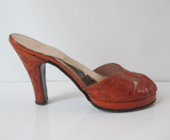 Vintage 40's Tooled Leather Platform Custom Springolator Heels Shoes 8 - Bombshell Bettys Vintage