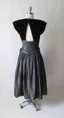 Vintage 80's Black Velvet Silver Taffeta Rosette Party Dress M - Bombshell Bettys Vintage