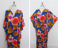 Vintage 60's Kaftan Tunic Dress Draped Batwing Sleeve Beach Cover Tiki Luau M - Bombshell Bettys Vintage