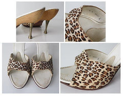 • Vintage 50's 60's Leopard Sculpted Metal Heel Atomic Wood Kitten Heels Shoes 8 - Bombshell Bettys Vintage