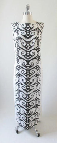 Vintage 60's Wild Black White Op Art MOD Full Length Hawaiian Shift Maxi Dress L