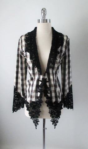 Vintage Ozbeck Victorian Gothic Lace Black White Gingham Plaid Jacket M