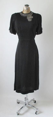 Vintage 40's Black Rayon Rhinestone Bustle Back Evening Party Dress NOS S