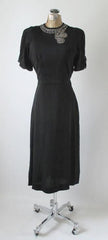 Vintage 40's Black Rayon Rhinestone Bustle Back Evening Party Dress NOS S - Bombshell Bettys Vintage