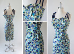 Vintage 50's Alix Of Miami Blue Flower Wiggle Dress 3D Accents M - Bombshell Bettys Vintage