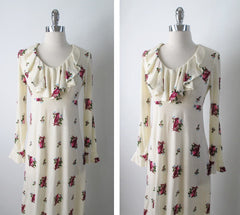 • Vintage 70's Antique White Renn Revival Birds Poet Dress M - Bombshell Bettys Vintage