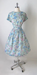 Vintage 50's Aqua Pink Blue Rose Buckle Back Full Swing Skirt Tea Party Dress M - Bombshell Bettys Vintage