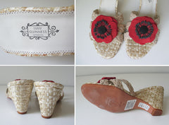 • Lulu Guinness Raffia & Red Flower Straw Wedge Sandal Shoes Heels 38 8 - Bombshell Bettys Vintage