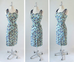 Vintage 50's Alix Of Miami Blue Flower Wiggle Dress 3D Accents M - Bombshell Bettys Vintage