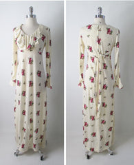 • Vintage 70's Antique White Renn Revival Birds Poet Dress M - Bombshell Bettys Vintage