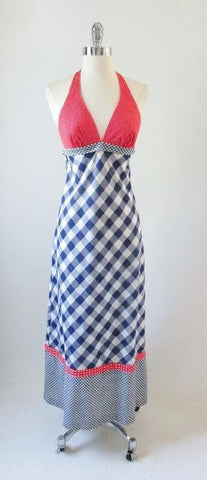 • Vintage 70's Gingham Plaid & Polka Dot Red White Blue Halter Dress XS