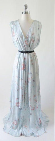 • Vintage 70's Blue Floral Draped Goddess Dress & Skirt Matching Set M