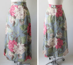 • 40's 70's Roses Barkcloth High Waist Skirt Halter Vest Top Dress 2 Piece Set XS - Bombshell Bettys Vintage