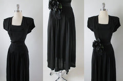 Vintage 40's Black Layered Deco Collar Rayon Swing Skirt Day Dress S - Bombshell Bettys Vintage