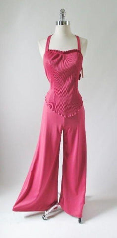 • Vintage 70's Sweetheart Rose Pink Accordion Pleat Halter Wide Leg Pants Jumpsuit XS