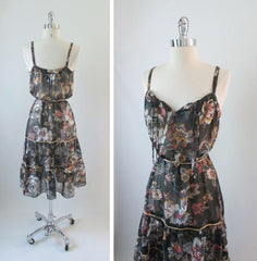 • Vintage 70's Sheer Black Tapestry Flower Summer Sun Dress M - Bombshell Bettys Vintage