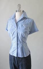 Blue White Gingham Authentic 50's Style Rockmount Western Top Shirt Blouse S - Bombshell Bettys Vintage