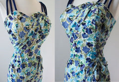 Vintage 50's Alix Of Miami Blue Flower Wiggle Dress 3D Accents M - Bombshell Bettys Vintage